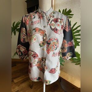 Citron Santa Monica Silk Linen Blend Asian Art Motif Button Down Shirt